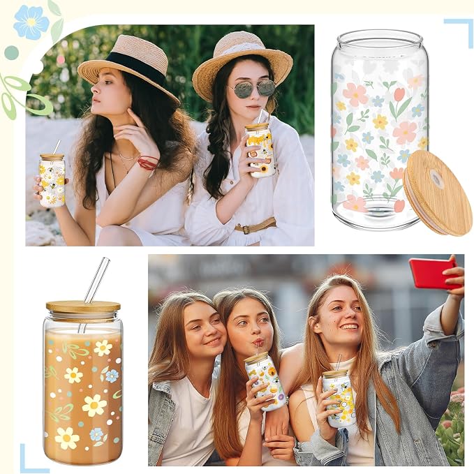 Mumufy 4 Pack Wildflower Glass Cups Gift Aesthetic Cute Glass Cup Tumbler - Image 7
