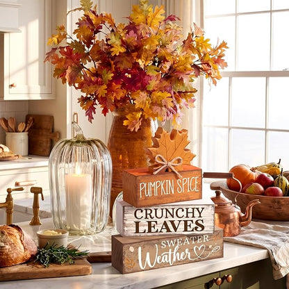 Moucuny 4 Pcs Fall Decor Wooden Maple Leaf Decoration Thanksgiving Tiered Tray - Image 4