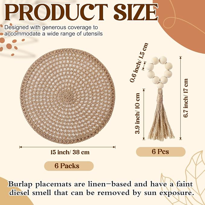 12 Pcs 15'' Burlap Boho Woven Placemat Wood Bead Napkin Rings - Image 2
