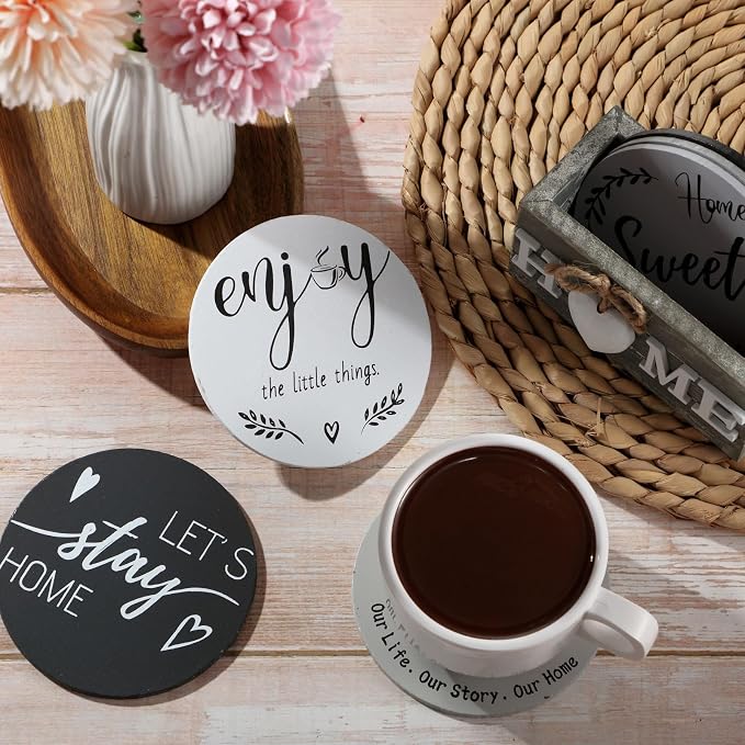 Queekay Coasters Set of 6 House Warming Gifts New Home Wooden Farmhouse Drink - Image 5