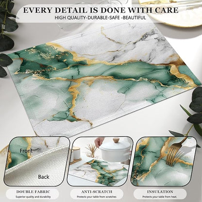 Mcalk Green Marble Table Runner and Placemats Set of 6, Marble Print Placemats, Modern Cloth Place Mats Indoor for Kitchen,Washable Linen Material for Dining Table