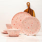 Bzyoo 12-Piece Melamine Dinnerware Set - Confetti Pink Plates and Bowl Lightweight BPA-Free Dishwasher Safe Dish Set for Indoor & Outdoor Use - Perfect for Camping, BBQs, Kids Parties