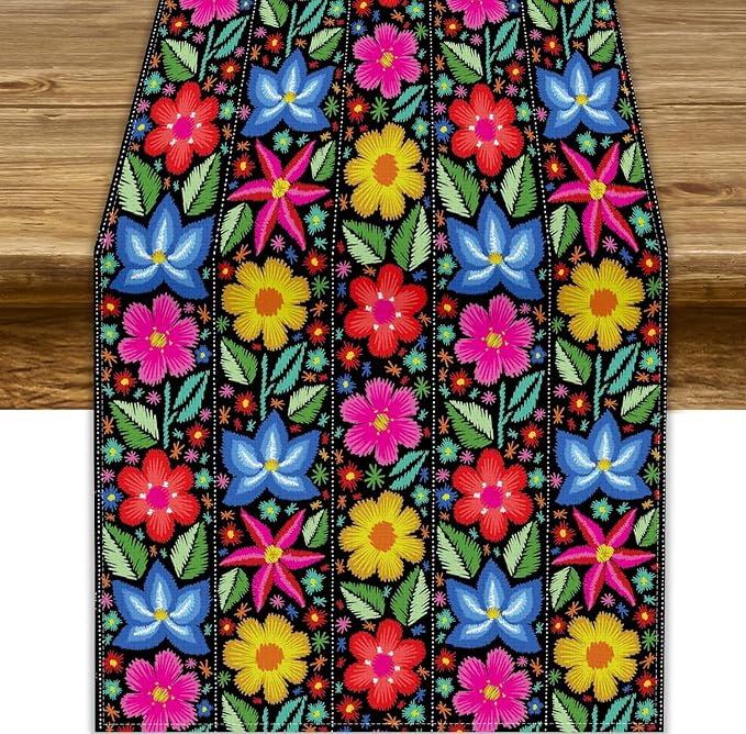 YCness Ethnic Mexican Table Runer, Mexican Flower Traditional Pattern Ornate by YCness