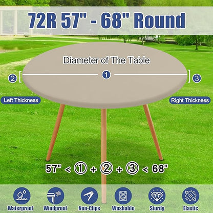 Round Spandex Tablecloth 2 Pack, Elastic Fitted Waterproof Tablecloths for 57"-68" Tables, Stretch Washable Picnic Table Cover for Camping, Dining, Indoor and Outdoor, Taupe