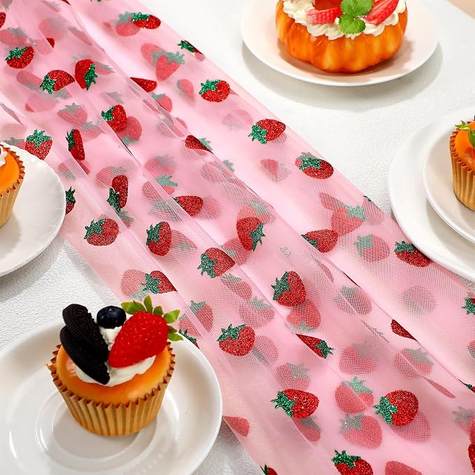 4 Pcs 29 X70 Inch Strawberry Shiny Glitter Tulle Table Cloth Pink Sheer Lace - Image 3