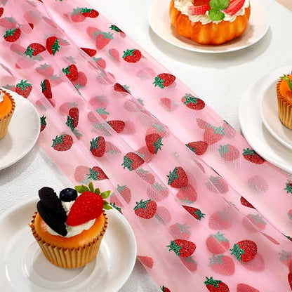 4 Pcs 29 X70 Inch Strawberry Shiny Glitter Tulle Table Cloth Pink Sheer Lace - Image 3
