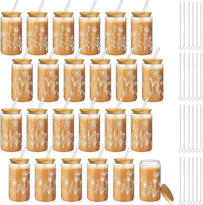 Mumufy 24 Pack Glass Cups Gift Aesthetic Cute Glass Cup Tumbler Flower Iced by Mumufy