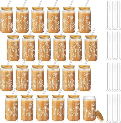 Mumufy 24 Pack Glass Cups Gift Aesthetic Cute Glass Cup Tumbler Flower Iced by Mumufy