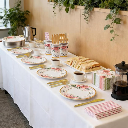 280PCS Floral Paper Plates and Napkins Party Supplies for 35 Guests Disposable Tableware with Plates Napkins Cups Cutlery Straws for Bridal Shower Birthday Party