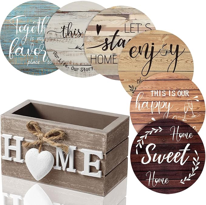 Queekay Coasters Set of 6 House Warming Gifts New Home Wooden Farmhouse Drink by Queekay