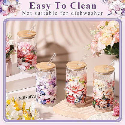 Mumufy 4 Pack Wildflower Glass Cups Gift Aesthetic Cute Glass Cup Tumbler - Image 6
