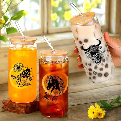 Cute Ladybugs Glass Cup With Lids And Straws, Ladybugs Gift For Women, Iced Coffee Cup, Iced, Coffee, Smoothie, Cocktail, Beer, Whiskey, Soda, Matcha,16 Oz, Home Office Table Desk Decoration!