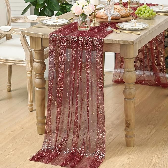 Artoid Mode Burgundy Gold Gauze Table Runner 120 Inch 10FT, Glitter Metallic Foil Sheer Dining Wedding Anniversary Holiday Birthday Table Decor for Home Party