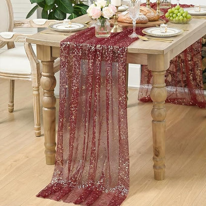 Artoid Mode Burgundy Gold Gauze Table Runner 120 Inch 10FT, Glitter Metallic Foil Sheer Dining Wedding Anniversary Holiday Birthday Table Decor for Home Party