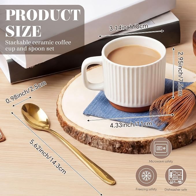 6 Set Ceramic Coffee Mugs with Gold Spoons, 8.8 oz Textured Ribbed Coffee Cups - Image 2