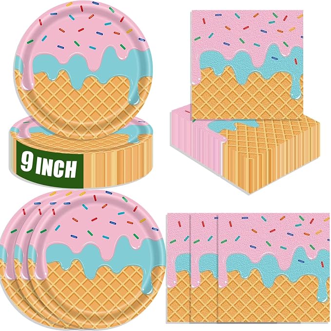 40 Pcs Ice Cream Plates and Napkins Party Supplies, Disposable Ice Cream Paper by ZJJZOAA
