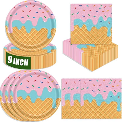 40 Pcs Ice Cream Plates and Napkins Party Supplies, Disposable Ice Cream Paper by ZJJZOAA