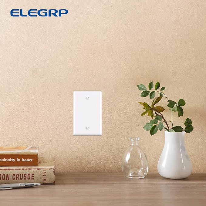 ELEGRP 1-Gang Blank Device Wall Plates, Mid-Size 4.88" H x 3.13" L Unbreakable Thermoplastic Blank Faceplate Cover for Unused Outlets/Switches, UL Listed (10 Pack, Glossy White)