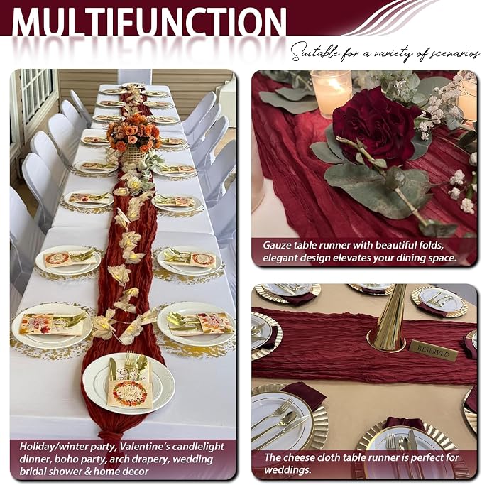 8 Pack Burgundy Cheesecloth Table Runner 17x108 inch Boho Gauze Cheese Cloth - Image 7