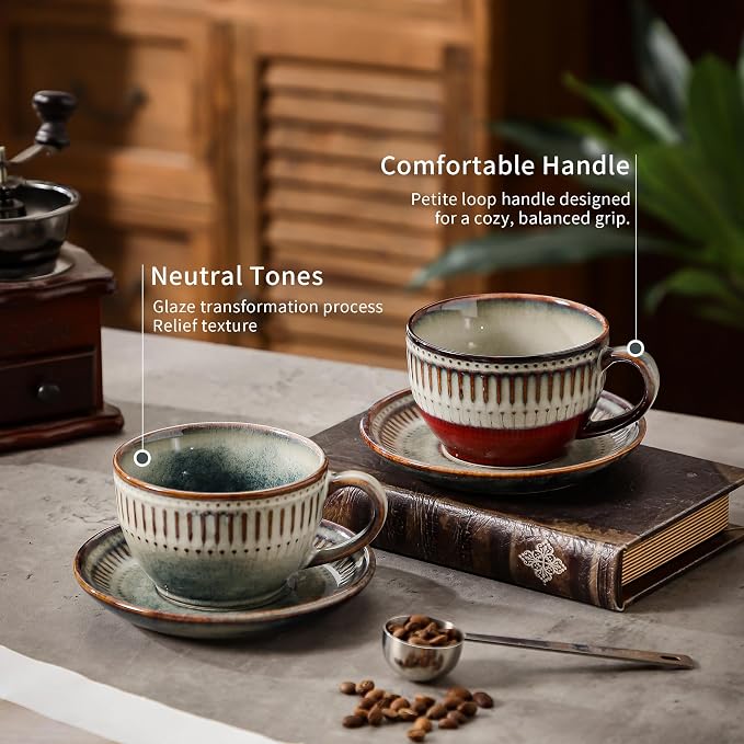 10Oz ceramic coffee cup and saucer sets, elegant striped pattern, unique kiln - Image 4
