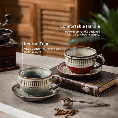 10Oz ceramic coffee cup and saucer sets, elegant striped pattern, unique kiln - Image 4