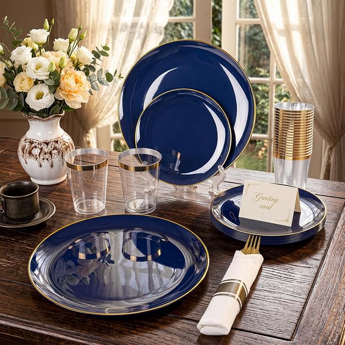 KIRE 350Pcs Blue and Gold Plates -Heavy Duty Navy Blue Dinnerware Set - Image 7
