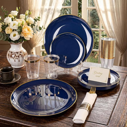 KIRE 350Pcs Blue and Gold Plates -Heavy Duty Navy Blue Dinnerware Set - Image 7