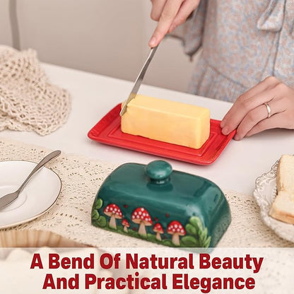 Fungi Fun Mushroom Butter Dish With Lid – Cute Cottagecore Ceramic Storage Container, Vintage French Covered Tray, Boho Farmhouse Kitchen Decor Gift, Unique Countertop Holder (Dark Green, Standard)