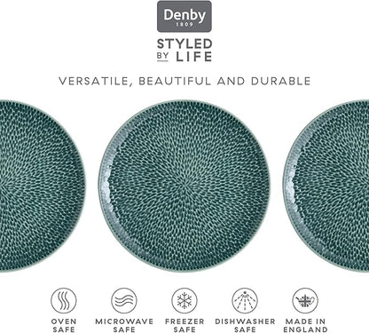 Denby - Carved Green Medium Plates Set of 4-9 Inch - Dishwasher Microwave Oven Safe - Uniquely Textured Porcelain Medium Plate - Scratch Chip Resistant