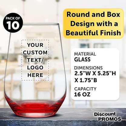 DISCOUNT PROMOS 10 Vaso Silicia Stemless Wine Glasses Set, 16 oz. - Personalized Text, Logo - Clear, Orb-Like, Thick base - Red