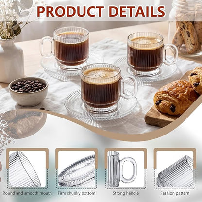 6 Sets of Glass Tea Cups with Saucers Vintage Coffee Mugs 5.6 oz Clear Espresso - Image 3