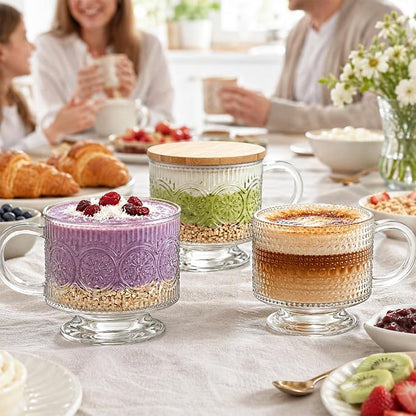 INSETLAN Vintage Glass Coffee Mugs 14 oz Set of 4, Embossed Overnight Oats - Image 8
