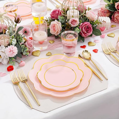 EI 180pcs Pink Plastic Plates with Gold Plastic Silverware,Heavy-Duty Disposable Plates for Party,White Dinnerware Set for 30 Guest Wedding,Birthday,Valentine's Day