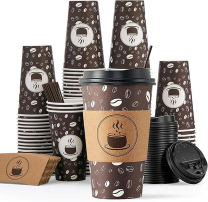 JOLLY PARTY Disposable Coffee Cups - 12oz Paper Coffee Cups with Lids by JOLLYPARTY