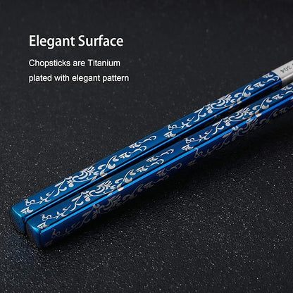 Titanium Plated Chopstick Stainless Steel Chopsticks Metal Chopsticks Reusable Dishwasher safe Premium Laser Engraved Chop Sticks for Eating 2 Pairs Gift Set Blue Silver