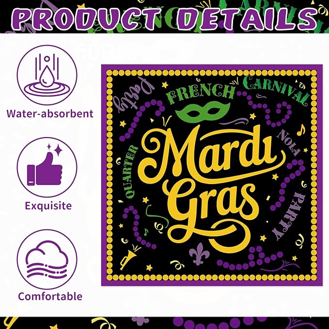 Mardi Decorations for Gras Party - 50PCS Mardi Party Gras Napkins Supplies Disposable, Fat Tuesday Carnival Paper Napkin Decor (Size 6.5 Inch)