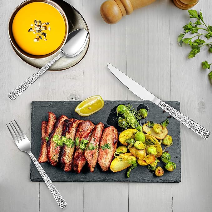 E-far Hammered Dinner Knives Set of 12, 8.9 Inch Stainless Steel Serrated Steak - Image 6