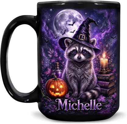 Hyturtle Personalized Halloween Raccoon Mug, Custom Name Gift by Hyturtle