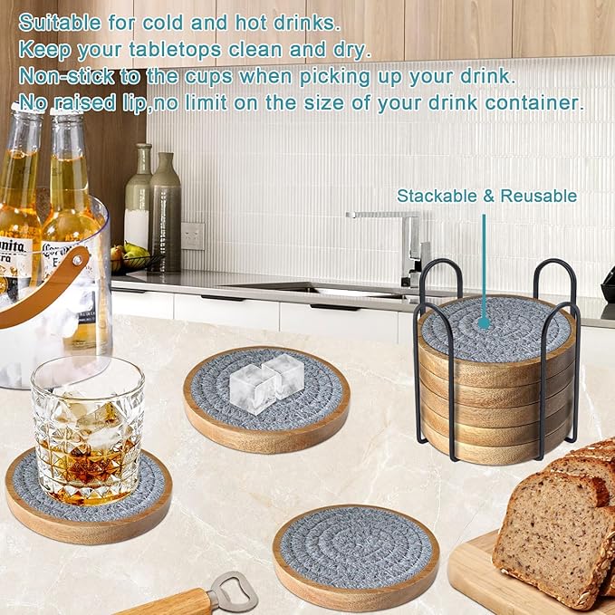Wood Coasters for Drinks, Absorbent Coaster Sets of 8, Woven Drink Coasters for Coffee Table, Housewarming Gift for Farmhouse Home Decor,4.3 inches Gray