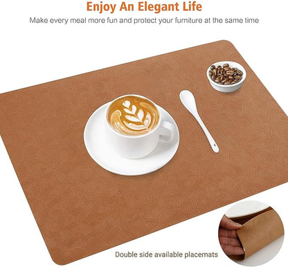 Vinyl Placemats Set of 6 Heat Resistant Easy Clean Non-Slip Place Mats for Dining Table Faux Leather Waterproof Stain Resistant Wipeable Washable PVC Table Mats(6, Light Brown)