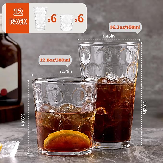 Moretoes Circle Drinking Glasses Set of 12, 16 Oz Highball Tumblers &12 Oz Rock - Image 3