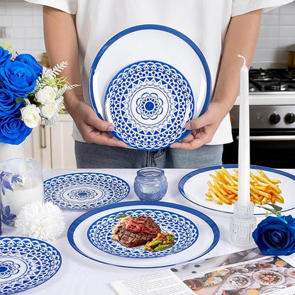 EI 60pcs Blue Plastic Plates Disposable Blue and White Floral Baroque Plastic Plates Fancy Decorative Plate Disposable Heavy Duty with Retro Classic Art Suitable for for Party,Birthday,Wedding