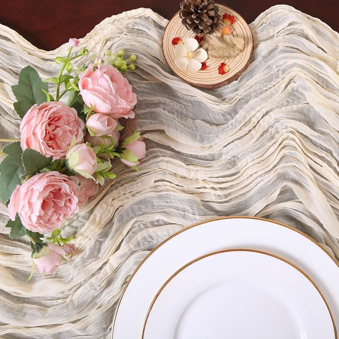 13.3FT Beige Cheesecloth Table Runner Easter Spring Boho Gauze Table Runner - Image 4