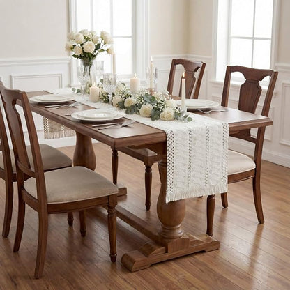 Boho Macrame Table Runner with Tassels 90in White Farmhouse Runner | Macrame - Image 3