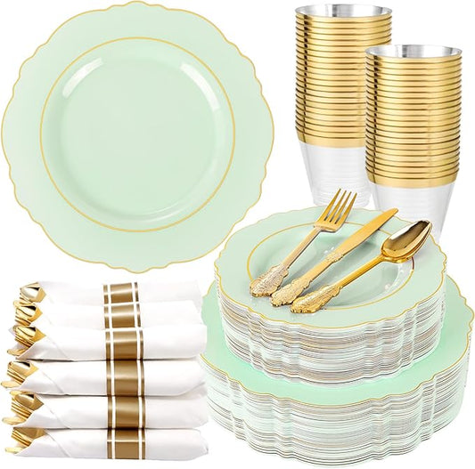 Liacere 350PCS Light Green Plates - Disposable Green and Gold Plastic Plates 50guest Baroque Dinnerware include 100Plates,50Pack Pre Rolled Napkins with Silverware 50Cups for Wedding ＆ Easter Day