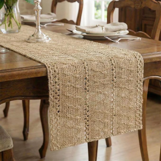 Burlap Boho Table Runner Macrame Brown 60in Farmhouse Woven Runner | Burlap by Xiomot