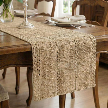 Burlap Boho Table Runner Macrame Brown 60in Farmhouse Woven Runner | Burlap by Xiomot