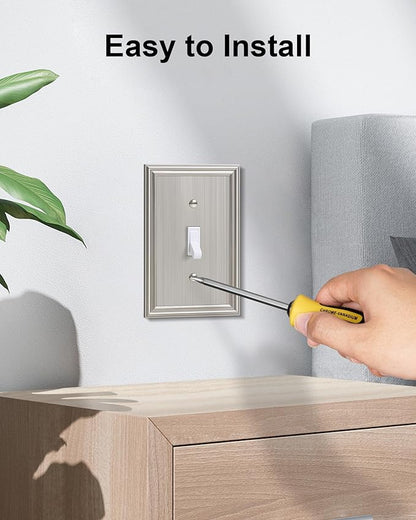 2-Pack Single Toggle Light Switch Cover Plate, Durable Solid Zinc Alloy Decorative Switch Plate Covers, Brushed Nickel 1 Gang Wall Plate, Corrosion Resistant