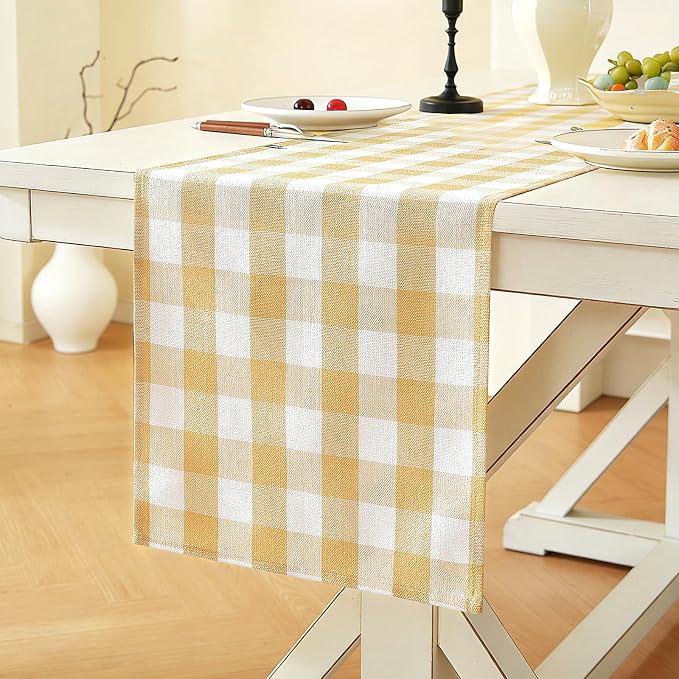 Laolitou Yellow Checkered Table Runner, Cotton Linen Gingham Table Runners by Laolitou