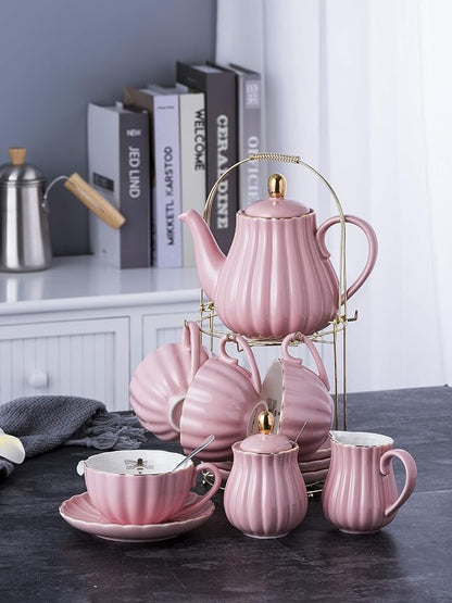 Jusalpha Fine China Pink Coffee Cup/Teacup Set, 7 OZ Cups& Saucer Service - Image 6
